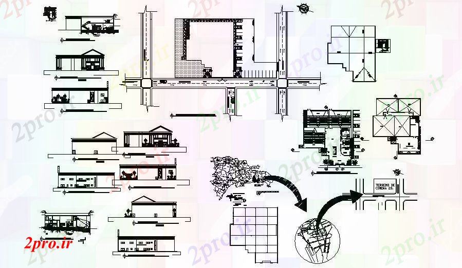 دانلود نقشه ساختمان اداری - تجاری - صنعتی طراحی از یک مولتی پلکس با نما 32 در 38 متر (کد88511)