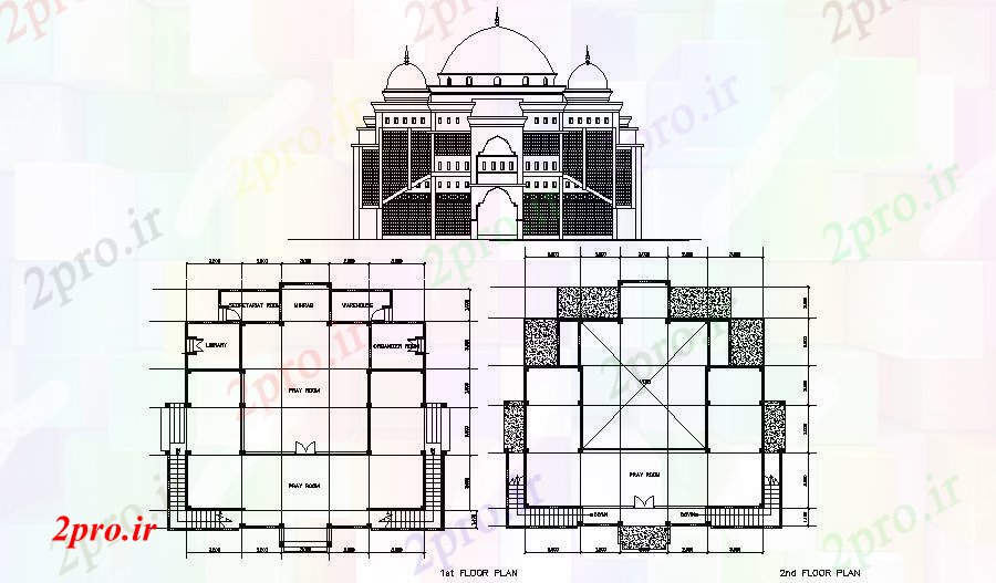 دانلود نقشه معماری معروف طراحی از مسجد با نما 14 در 15 متر (کد88602)