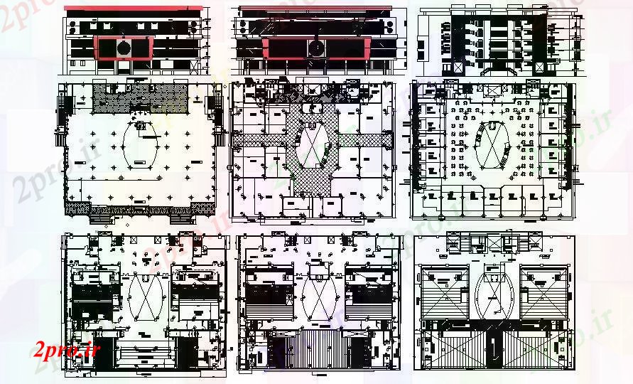 دانلود نقشه ساختمان اداری - تجاری - صنعتی مجتمع تجاری طراحی نمای بخش در 48 در 57 متر (کد88641)