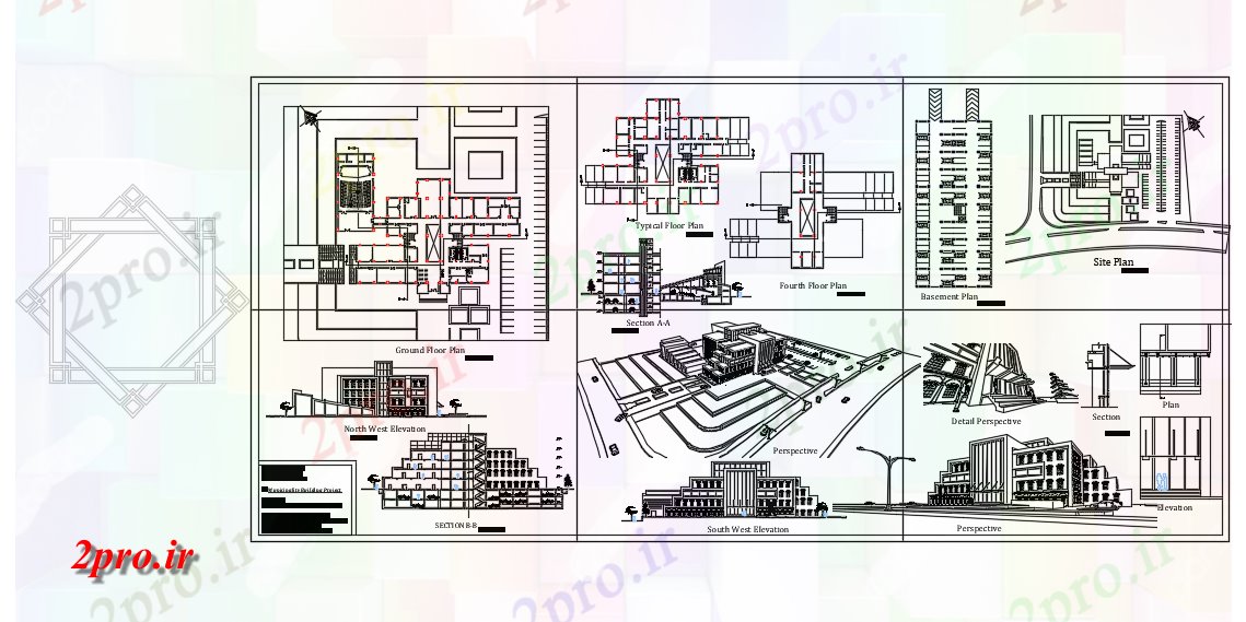 دانلود نقشه ساختمان دولتی ، سازمانی طرحی چند طبقه ساختمان 25 در 35 متر (کد89088)