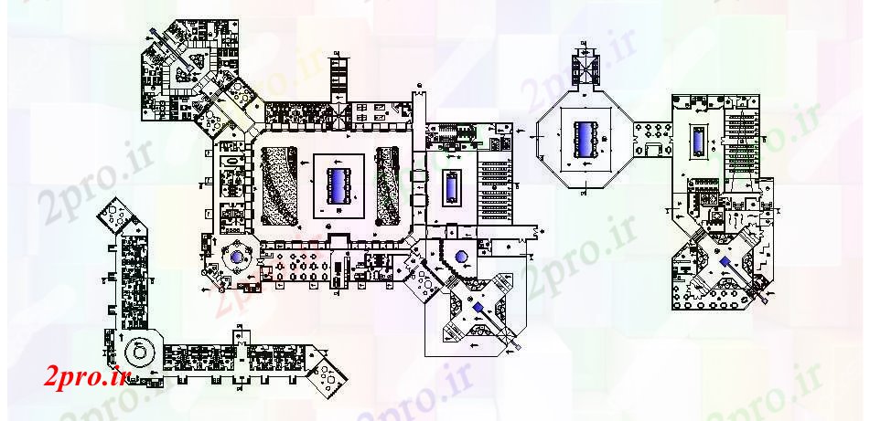 دانلود نقشه هتل - رستوران - اقامتگاه طراحی رفت و آمد مکرر با ابعاد جزئیات 77 در 105 متر (کد89367)
