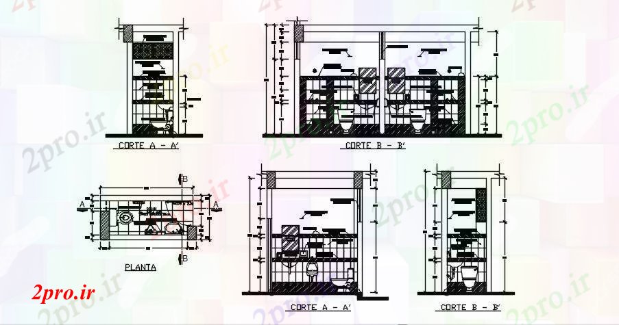 دانلود نقشه تجهیزات بهداشتی طراحی حمام با ابعاد جزئیات  (کد89390)