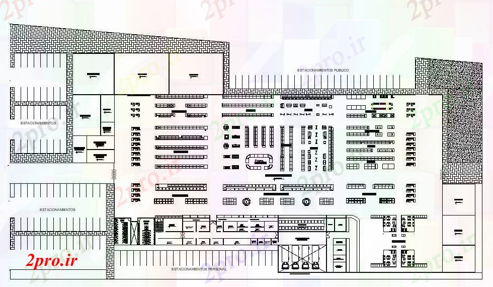 دانلود نقشه هایپر مارکت - مرکز خرید - فروشگاه خرید طرحی از مرکز خرید 76 در 148 متر (کد89498)