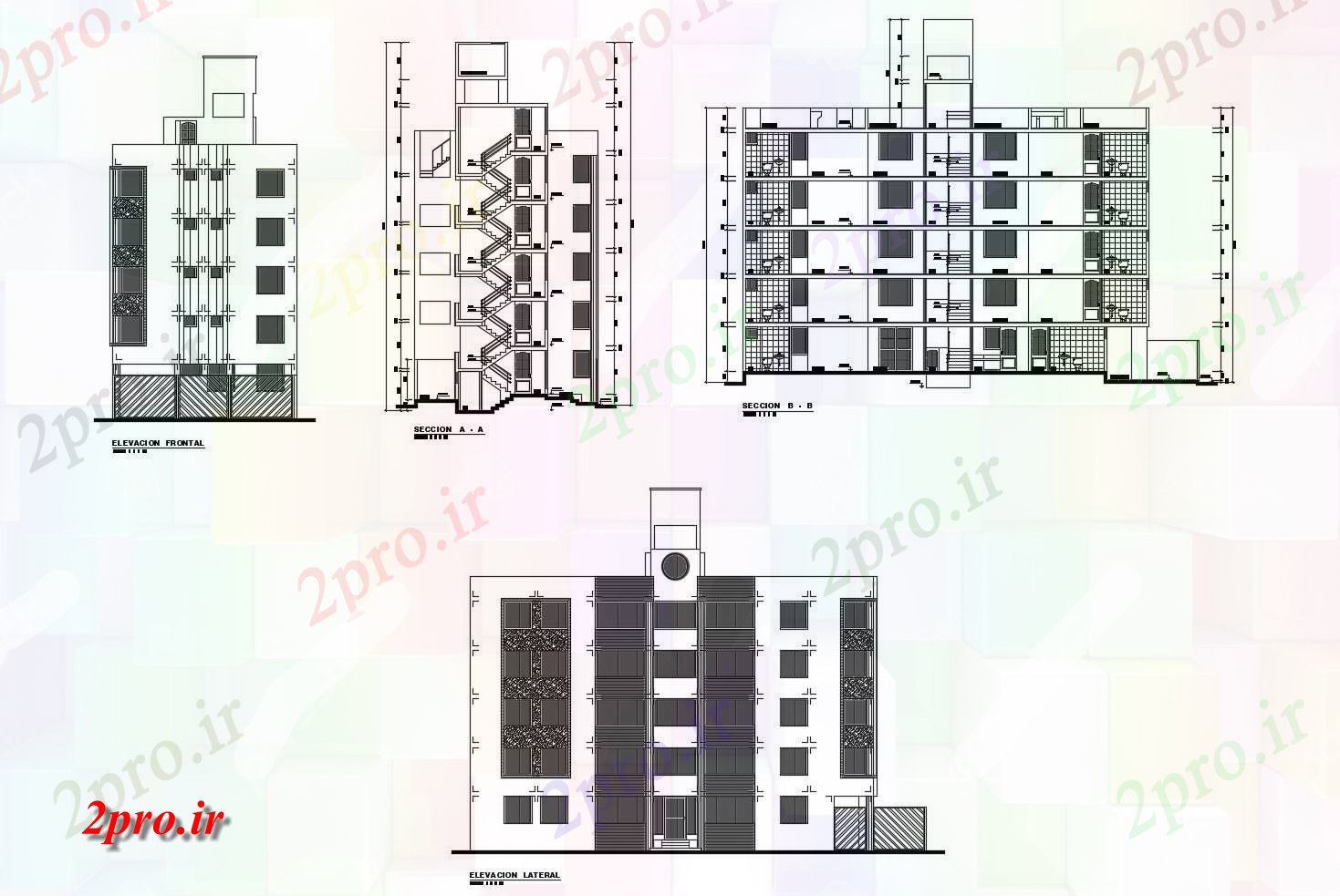 دانلود نقشه مسکونی  ، ویلایی ، آپارتمان  آپارتمان مسکونی با نما و بخش (کد89596)