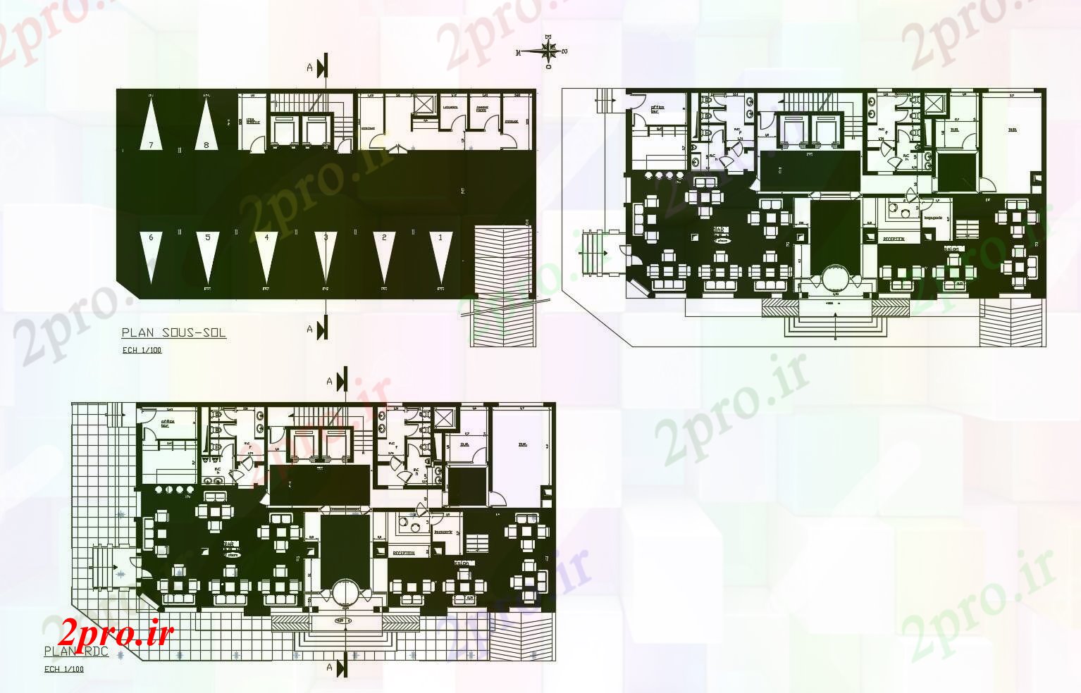 دانلود نقشه هتل - رستوران - اقامتگاه برنامه هتل با ابعاد جزئیات 13 در 27 متر (کد89811)