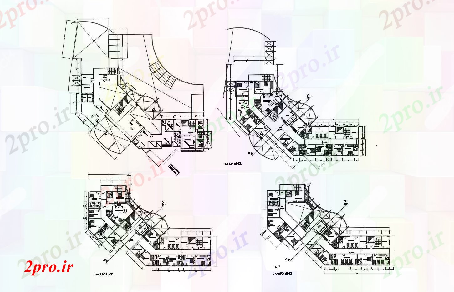 دانلود نقشه هتل - رستوران - اقامتگاه مهمان خانه طراحی با ابعاد جزئیات 34 در 51 متر (کد89818)