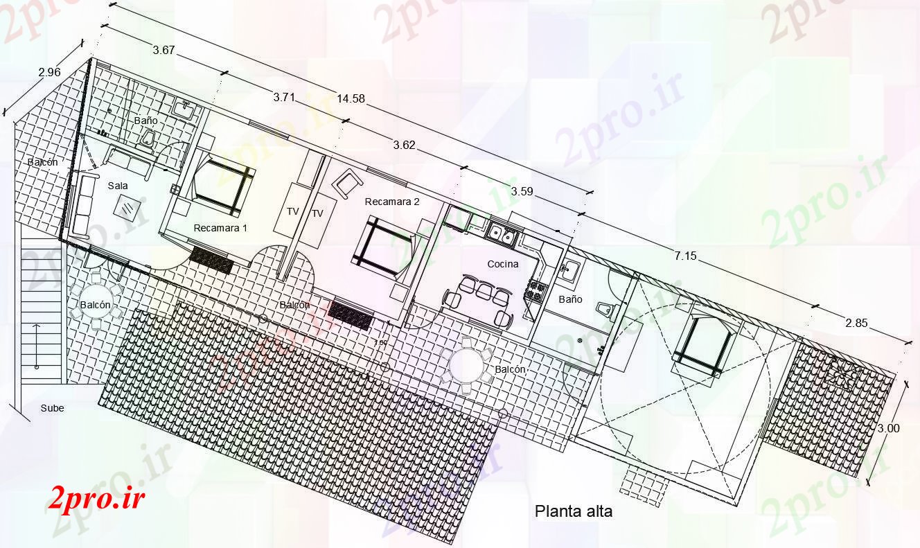 دانلود نقشه مسکونی  ، ویلایی ، آپارتمان  مبله طرحی طبقه بالای خانه  (کد89909)