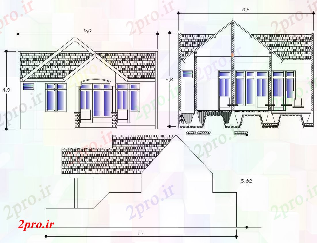 دانلود نقشه مسکونی  ، ویلایی ، آپارتمان  نما از خانه با ابعاد جزئیات  (کد89951)