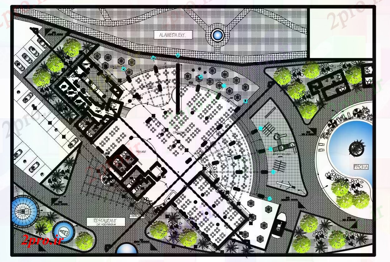 دانلود نقشه هتل - رستوران - اقامتگاه طرحی طبقه ساختمان رستوران دو بعدی 40 در 66 متر (کد90151)