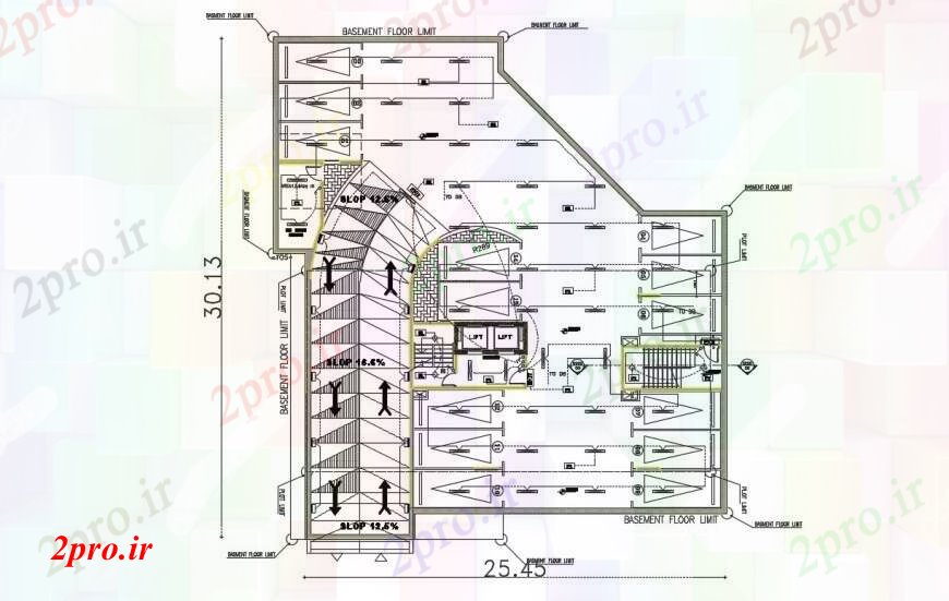 دانلود نقشه ساختمان اداری - تجاری - صنعتی طراحی جزئیات از پارکینگ زیرزمین طرحی طبقه 13 در 27 متر (کد90250)