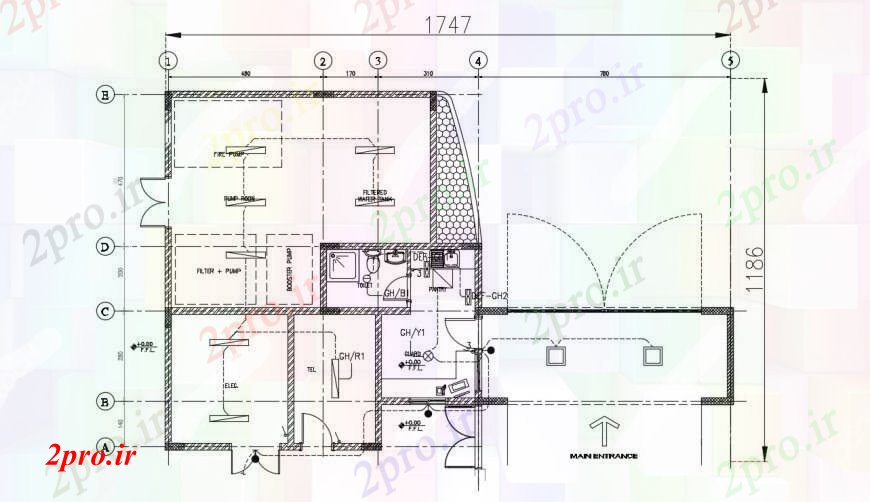 دانلود نقشه کارخانه صنعتی ، کارگاه طراحی جزئیات از اتاق ماشین آلات 21 در 34 متر (کد90258)