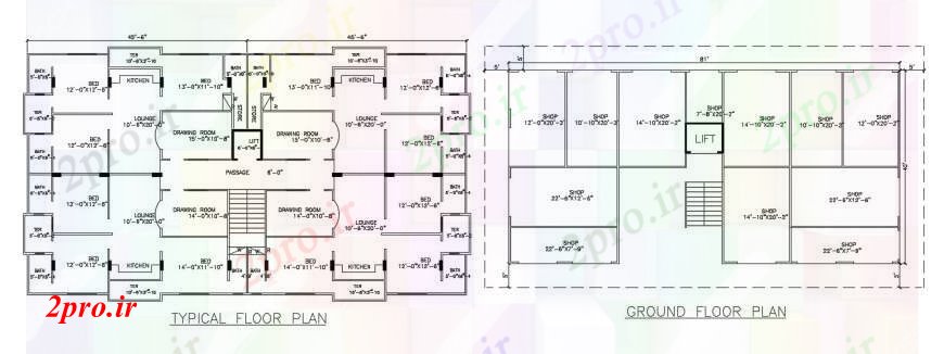 دانلود نقشه مسکونی ، ویلایی ، آپارتمان طراحی مسکن واحد آپارتمان با زمین مغازه طبقه جزئیات 59 در 108 متر (کد90307)