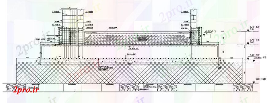دانلود نقشه جزئیات میلگرد گذاریپایه و اساس زمینه و طرحی مشبک توری و غیره آوردن RCC بلوک ساختاری 56 در 176 متر (کد90321)