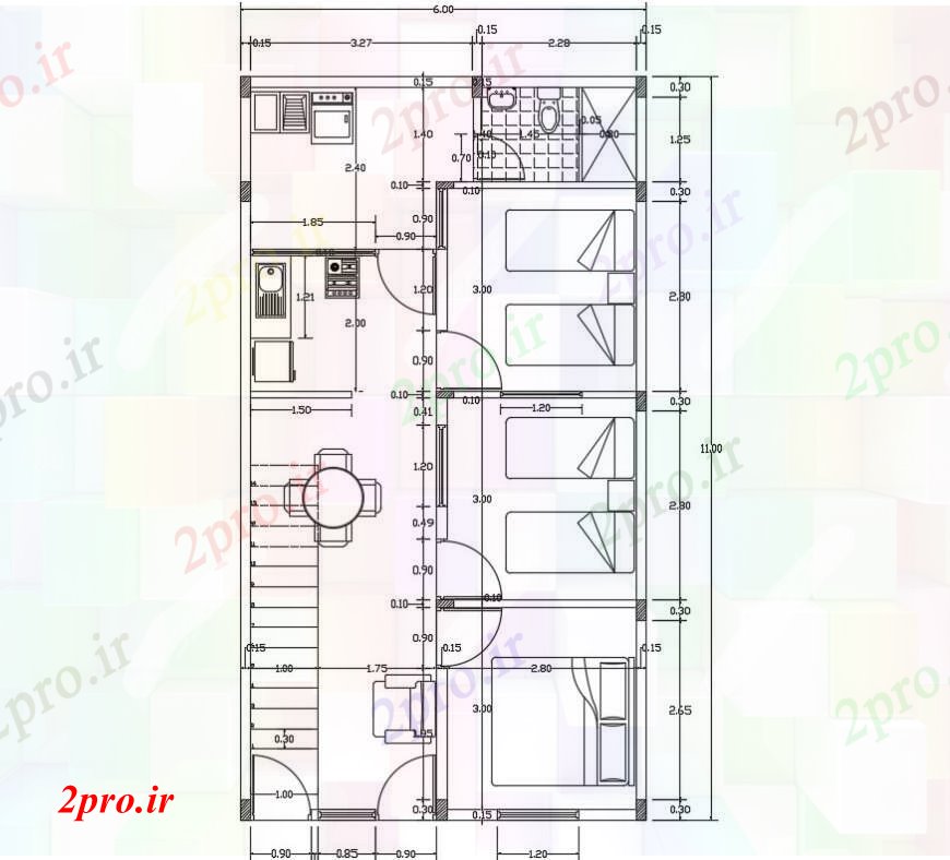 دانلود نقشه مسکونی ، ویلایی ، آپارتمان بالای مسکن طرحی مشخصات داخلی خانواده 15 در 18 متر (کد90408)