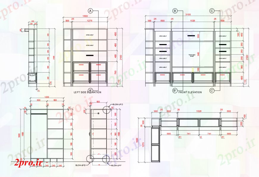 دانلود نقشه طراحی مبلمان آشپزخانه در جلو و سمت چپ نمای جزئیات (کد90612)