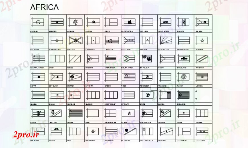 دانلود نقشه بلوک ، آرام ، نماد انواع مختلفی از دو بعدی  آفریقایی پرچم طراحی (کد90652)