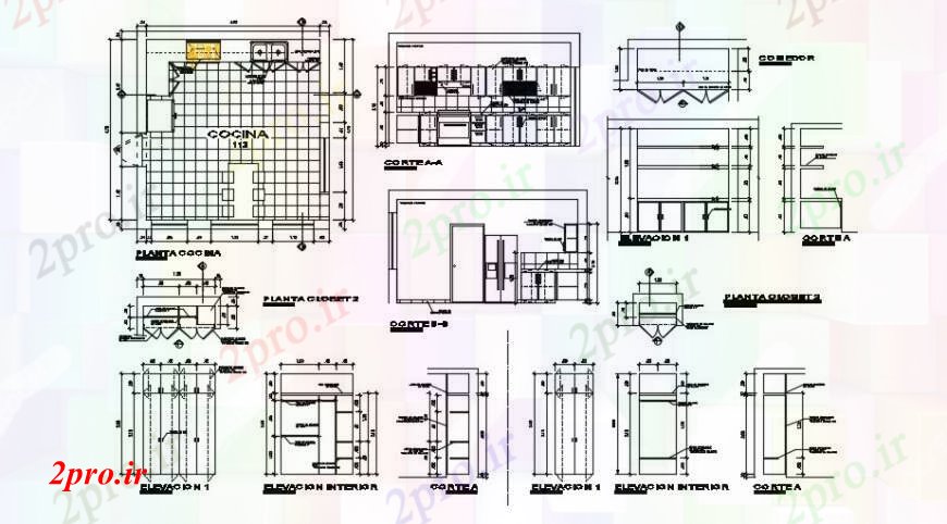 دانلود نقشه طراحی مبلمان آشپزخانه جزئیات طراحی کابینت آشپزخانه اتوکد 5 در 5 متر (کد91019)