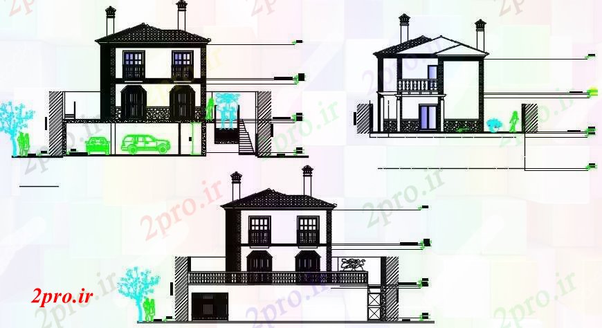 دانلود نقشه مسکونی  ، ویلایی ، آپارتمان  جلو و عقب نما و بخش اصلی جزئیات از خانه (کد91087)