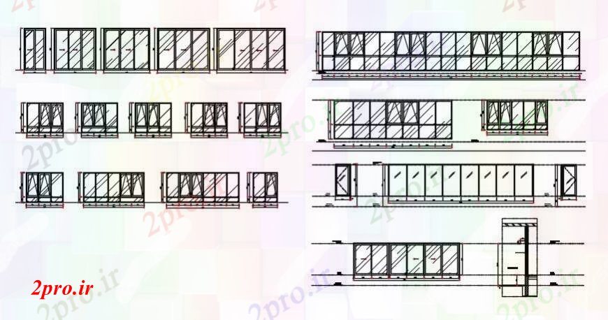 دانلود نقشه جزئیات طراحی در و پنجره  تنها، درب بلوک های دو جداره و دو بعدی  نما طراحی جزئیات  (کد91122)