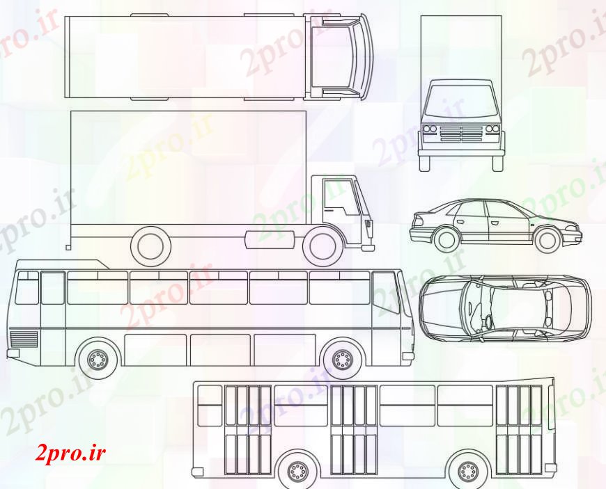 دانلود نقشه بلوک های حمل و نقل جزئیات  طراحی های انواع مختلف وسایل نقلیه  با اتومبیل، اتوبوس (کد91149)