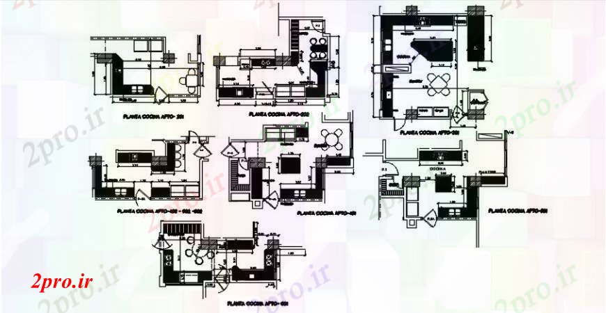 دانلود نقشه آشپزخانه انواع مختلف آشپزخانه جزئیات طراحی آپارتمان ساخت و ساز 6 در 7 متر (کد91162)