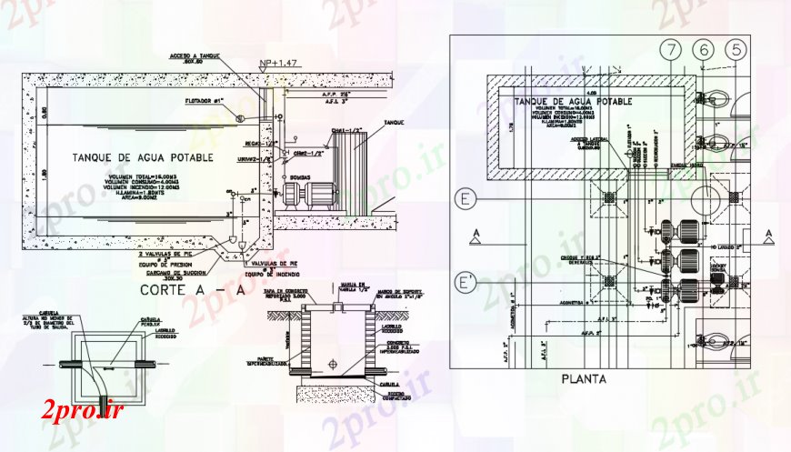 دانلود نقشه جزئیات لوله کشی  جزئیات طراحی های واحد مخزن آب لوله کشی  (کد91214)