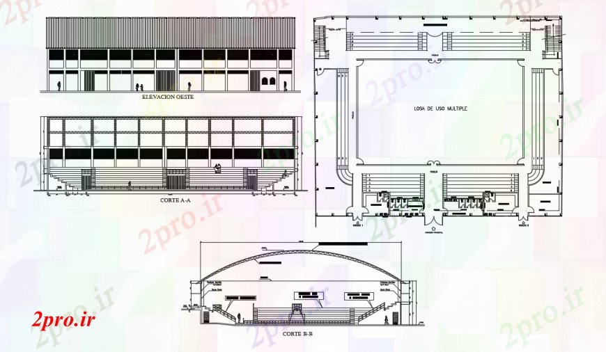 دانلود نقشه ورزشگاه ، سالن ورزش ، باشگاه نما طرحی و جزئیات مقطعی ورزشی زمین 38 در 47 متر (کد91263)