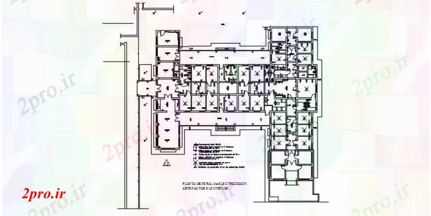 دانلود نقشه بیمارستان - درمانگاه - کلینیک نصب و راه اندازی و برنامه ریزی جزئیات برق برای بیمارستان طبقه اول 35 در 43 متر (کد91269)