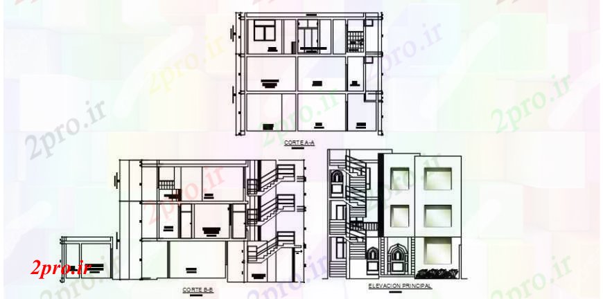 دانلود نقشه مسکونی ، ویلایی ، آپارتمان نما اصلی و هر دو بخش سمت طراحی جزئیات از سه دان خانه 10 در 17 متر (کد91290)