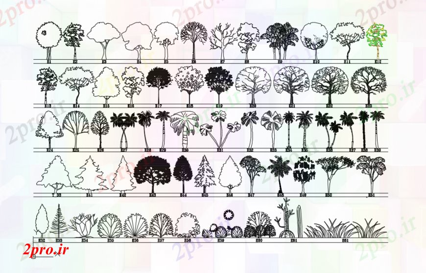 دانلود نقشه درختان و گیاهان نما از طراحی جزئیات واحد محوطه سازی   (کد91293)