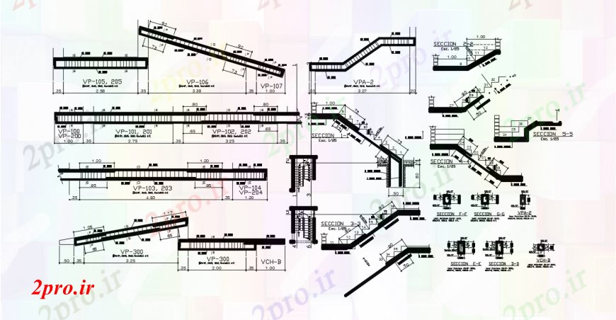 دانلود نقشه جزئیات پله و راه پله   نقشه های  دو بعدی  از راه پله ساخت و ساز RCC ساختار  (کد91294)