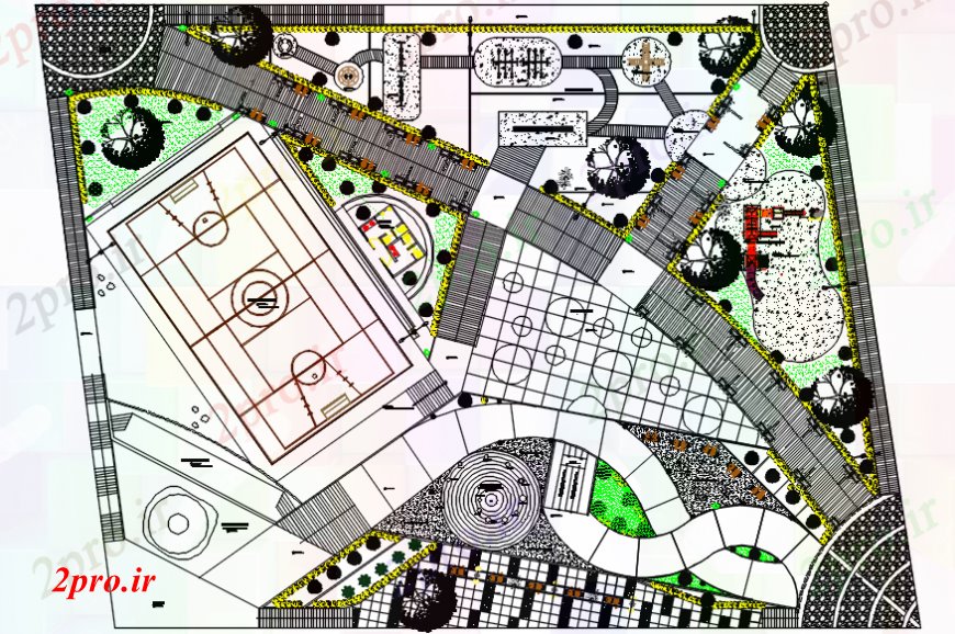 دانلود نقشه ورزشگاه ، سالن ورزش ، باشگاه طرحی توزیع مرکز ورزشی با محوطه سازی ساختار طراحی جزئیات 63 در 80 متر (کد91436)