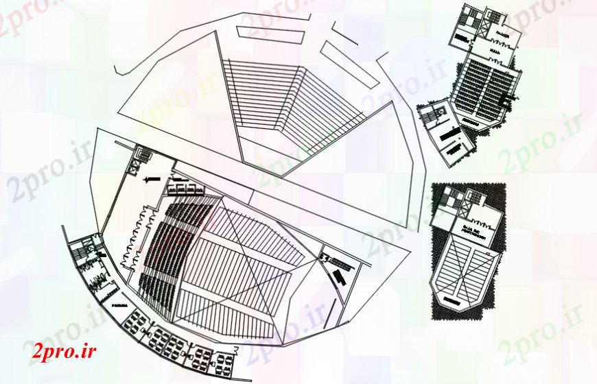 دانلود نقشه تئاتر چند منظوره - سینما - سالن کنفرانس - سالن همایشE-جامعه مرکز و سالن زمین توزیع کف جزئیات طرح 150 در 270 متر (کد91489)