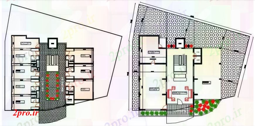 دانلود نقشه هتل - رستوران - اقامتگاه  طرحی نمای بالای طرحی هتل جزئیات (کد91571)