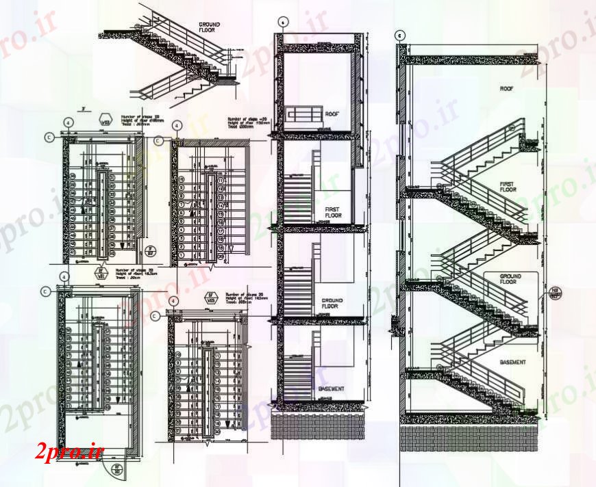 دانلود نقشه جزئیات پله و راه پله   نما و طرحی  دو بعدی  جزئیات ساخت و ساز از  راه پله (کد91597)