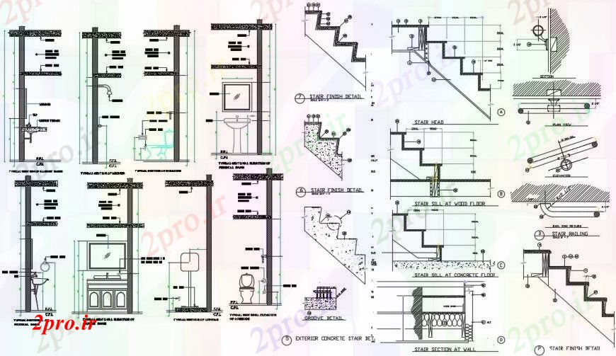 دانلود نقشه حمام مستر  طراحی مقطعی جزئیات از توالت بهداشتی همراه با جزئیات راه پله (کد91613)