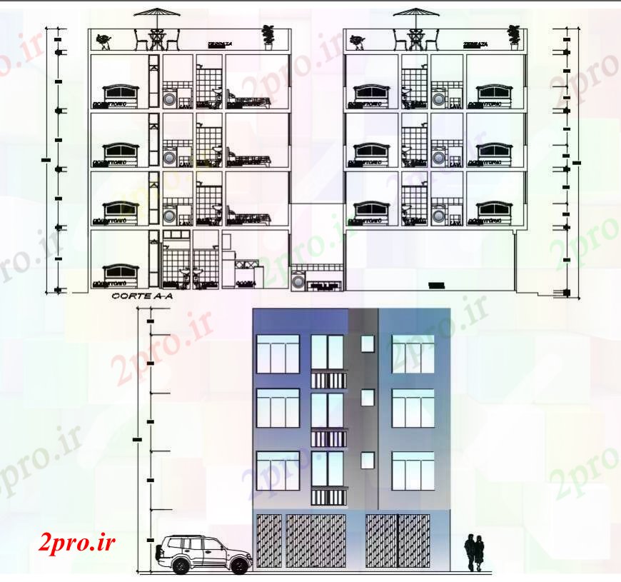 دانلود نقشه مسکونی ، ویلایی ، آپارتمان نما و طراحی مقطعی آپارتمان دو بعدی 10 در 20 متر (کد91657)