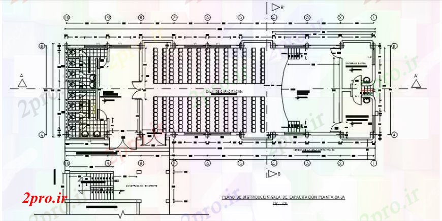دانلود نقشه تئاتر چند منظوره - سینما - سالن کنفرانس - سالن همایشچند منظوره سالن توزیع سالن طرح 9 در 27 متر (کد91658)