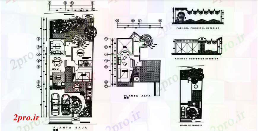 دانلود نقشه مسکونی ، ویلایی ، آپارتمان یک خانواده طرحی توزیع خانه و دروازه نما طراحی جزئیات 9 در 21 متر (کد91667)