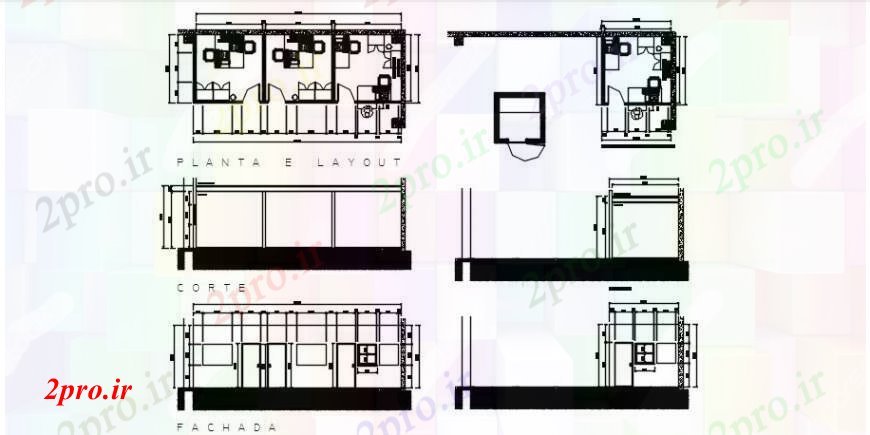 دانلود نقشه ساختمان اداری - تجاری - صنعتی بخش فضای اداری و طرحی توزیع طراحی جزئیات  (کد91699)