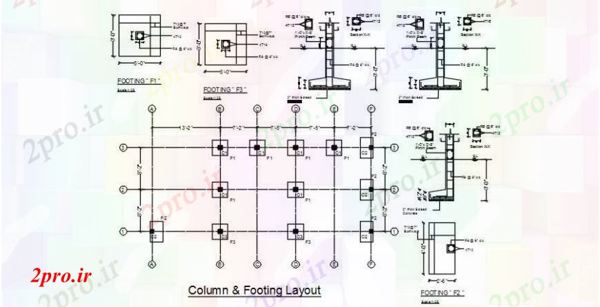 دانلود نقشه طراحی اتوکد پایه ستون و آوردن طرح، طرحی پایه و اساس و ساختار جزئیات از خانه (کد91791)