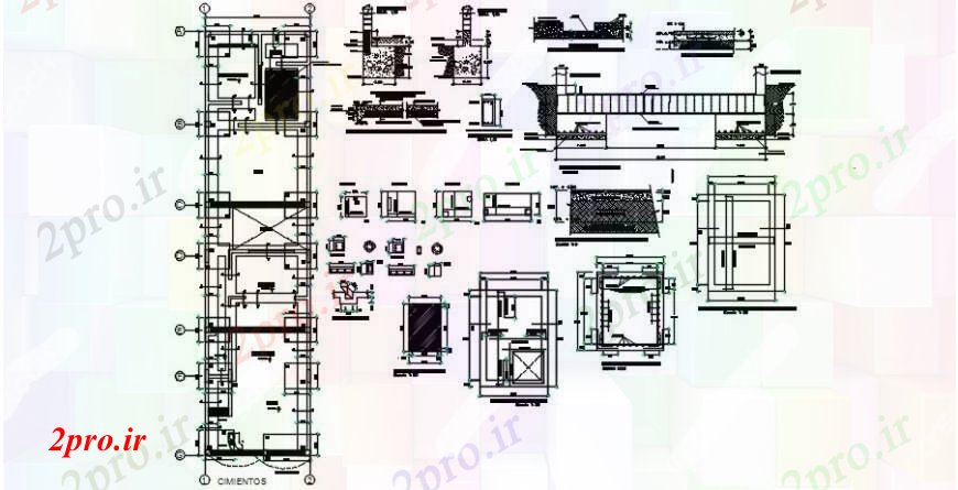 دانلود نقشه طراحی جزئیات ساختار طرحی بنیاد، بخش ها و جزئیات ساختار با ستون و  پرتو  (کد91795)