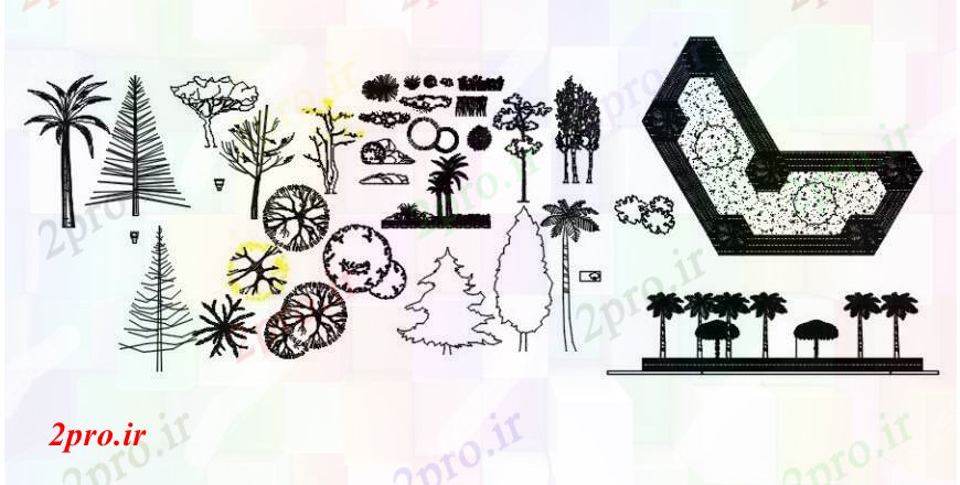 دانلود نقشه درختان و گیاهان درخت باغ ، گیاهان و نما چمن بلوک  (کد91817)