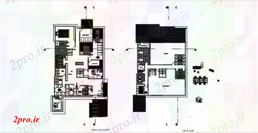 دانلود نقشه مسکونی  ، ویلایی ، آپارتمان  طرحی توزیع دو طبقه با مبلمان خانه مسکونی (کد91828)