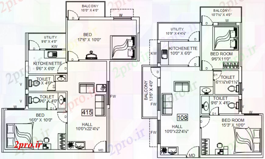 دانلود نقشه مسکونی ، ویلایی ، آپارتمان BHK آپارتمان مبلمان جزئیات 99 در 264 متر (کد91923)