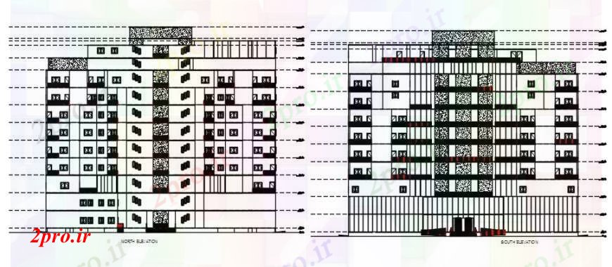 دانلود نقشه مسکونی  ، ویلایی ، آپارتمان  شمال و جنوب جزئیات طراحی نما آپارتمان   چند طبقه ساخت (کد91938)