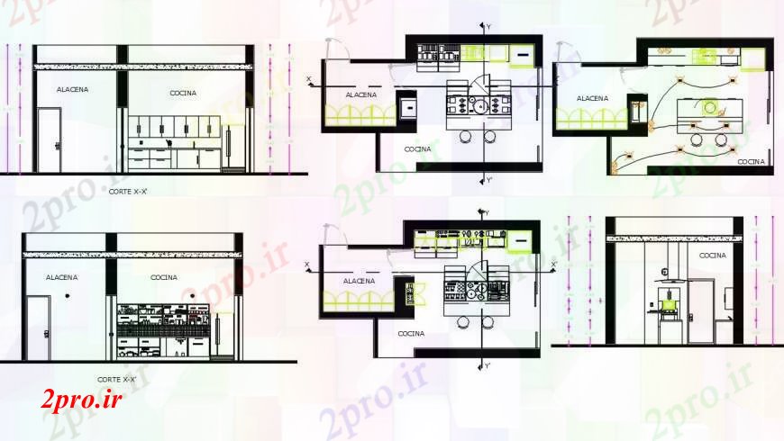 دانلود نقشه طراحی مبلمان آشپزخانه طراحی دو بعدی طرحی کافه تریا خودرو 10 در 16 متر (کد91952)