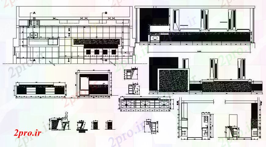 دانلود نقشه طراحی مبلمان آشپزخانه طراحی دو بعدی سمت آشپزخانه نما خودرو 5 در 10 متر (کد91956)