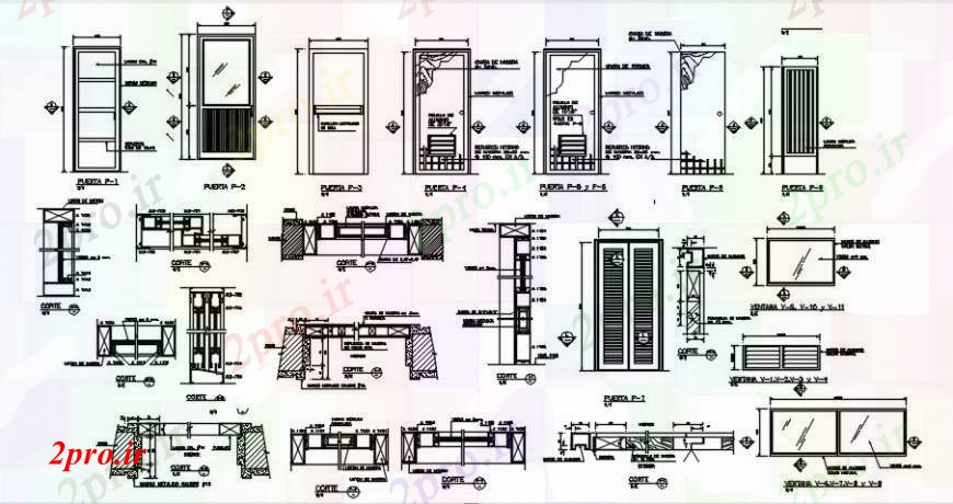 دانلود نقشه جزئیات طراحی در و پنجره  درب چوب و آلومینیوم نما درب و نصب و راه اندازی جزئیات (کد91960)