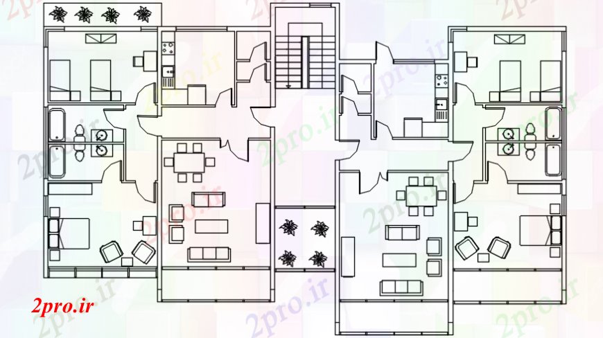 دانلود نقشه مسکونی  ، ویلایی ، آپارتمان  دو توزیع خانه های اجتماعی با مبلمان طرحی  (کد92049)